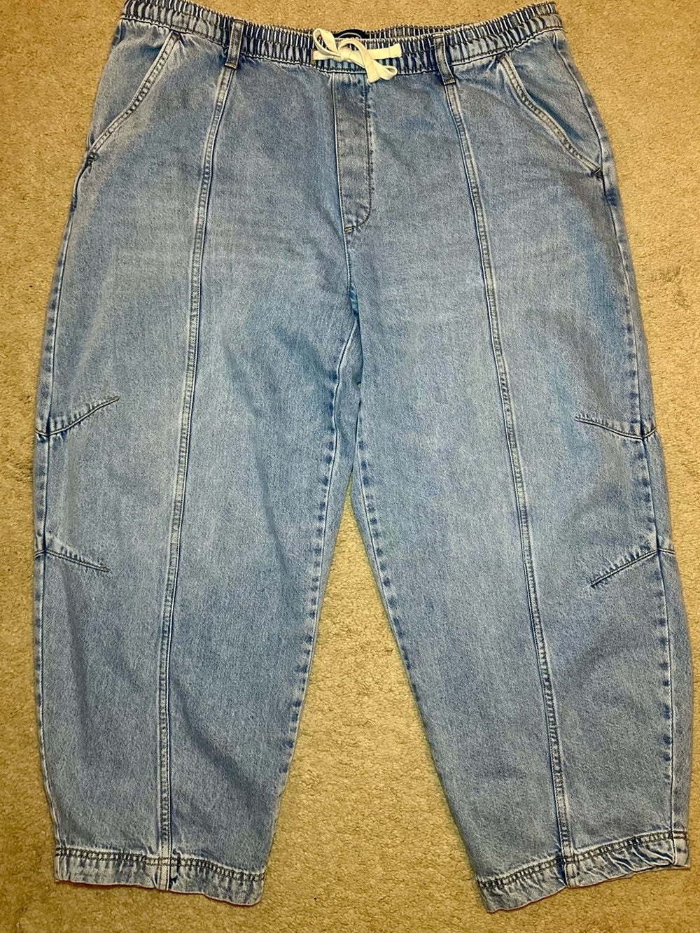 High-Rise Light Blue Wide Leg Denim Jeans with Drawstring Waist